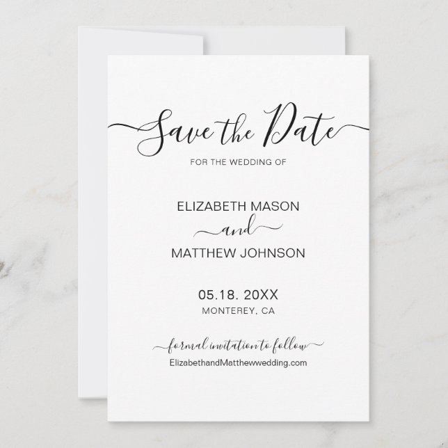 Elegant Script Minimalist Black and White Wedding  Save The Date (Front)