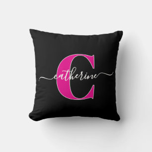 Elegant Script Minimalist Black Pink Monogram Name Throw Pillow
