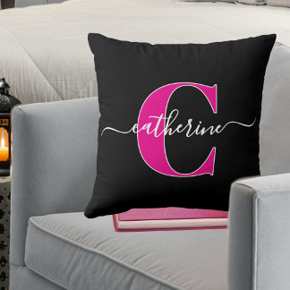 Elegant Script Minimalist Black Pink Monogram Name Throw Pillow
