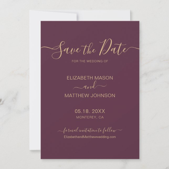 Elegant Script Minimalist Burgundy Gold Wedding Save The Date (Front)