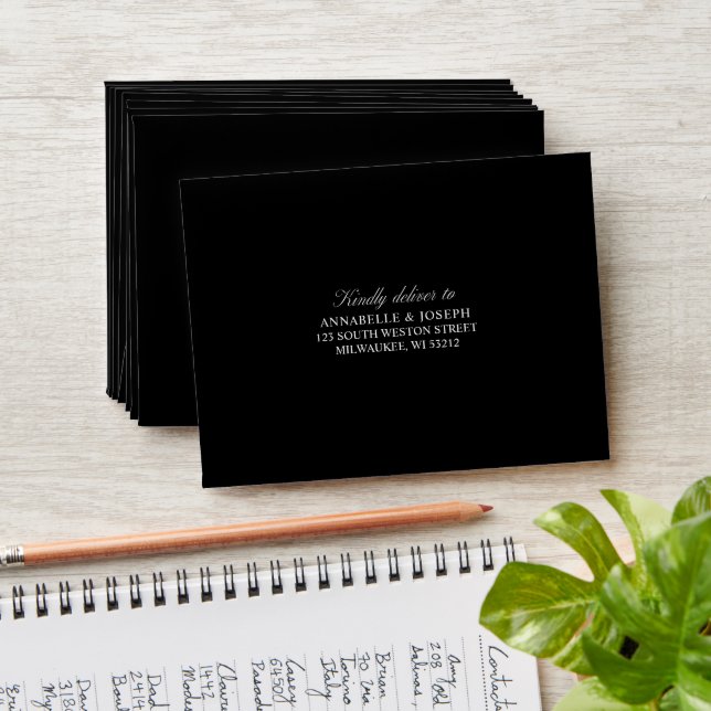 Elegant Script Minimalist Formal Black Wedding Envelope (Stacked)