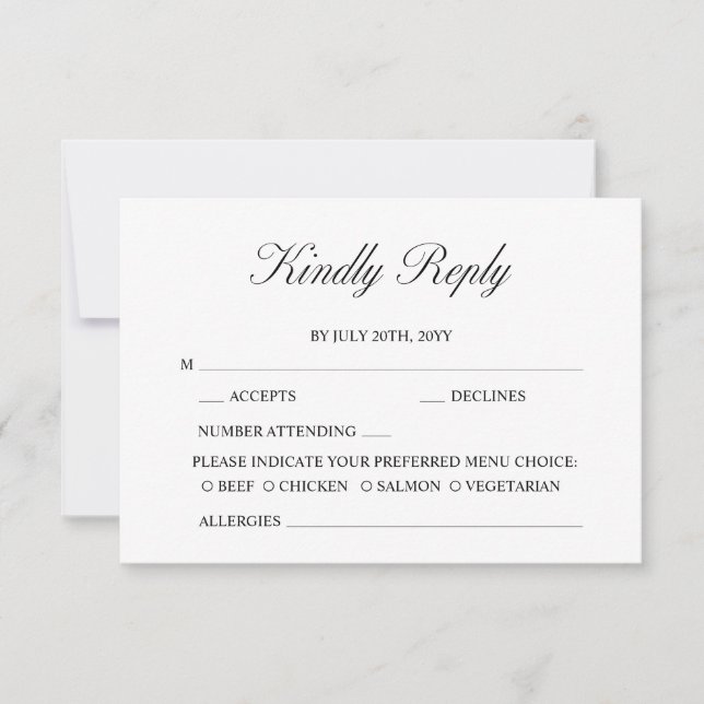 Elegant Script Minimalist Formal White Wedding RSVP Card (Front)