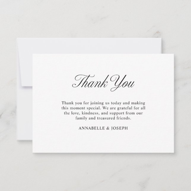 Elegant Script Minimalist Formal White Wedding Thank You Card (Front)