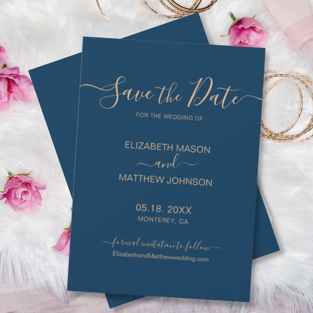Elegant Script Minimalist Navy and Gold Wedding Save The Date (Creator Uploaded)