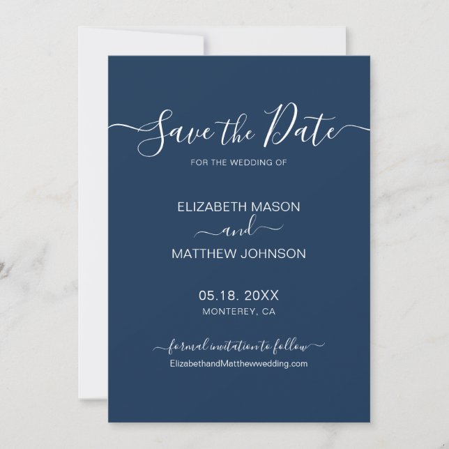 Elegant Script Minimalist Navy and White Wedding  Save The Date (Front)