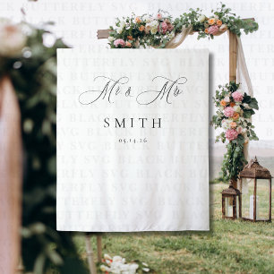 Elegant Script Minimalist Wedding Photo Backdrop Tapestry