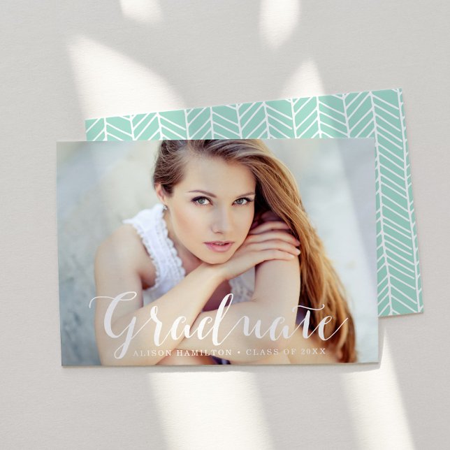 Elegant Script Mint Green Photo Graduation Announcement (Creator Uploaded)