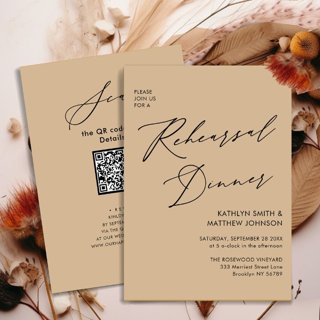 Elegant Script Modern Beige Rehearsal Dinner QR Invitation (Creator Uploaded)