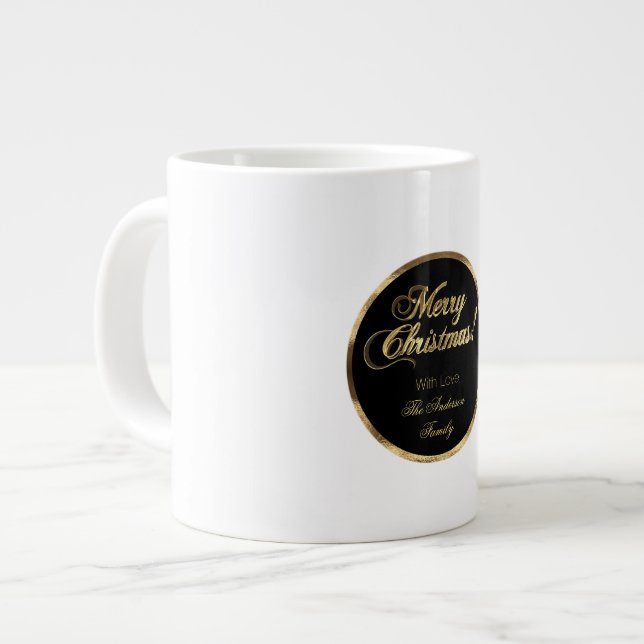 Elegant Script Modern Black and Gold Christmas Large Coffee Mug (Front Left)