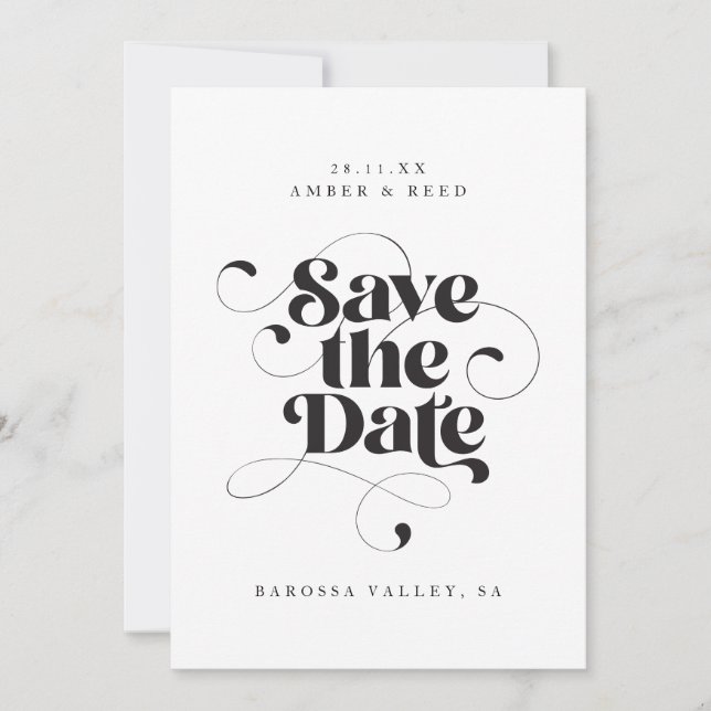 Elegant Script Modern Black White Art Design  Save The Date (Front)