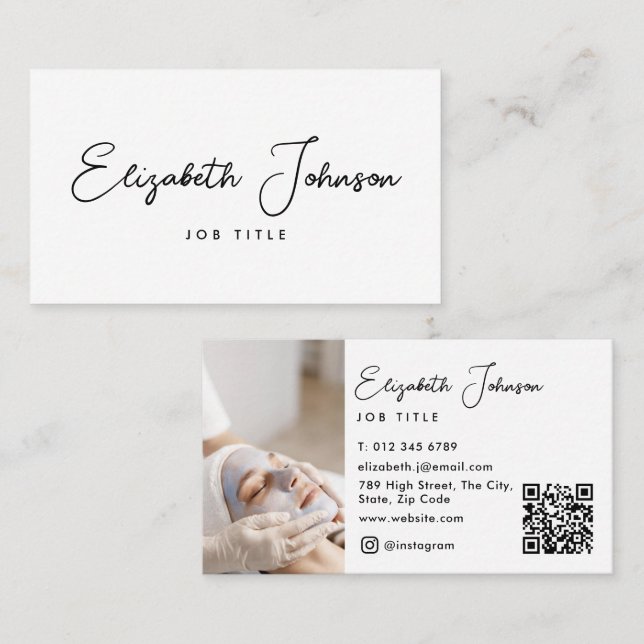 Elegant Script Modern Chic Photo QR Code Business Card (Front/Back)