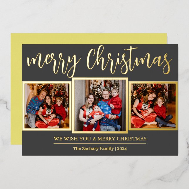 Elegant Script Modern Christmas Family 3 Photo Foil Holiday Card (Front/Back)