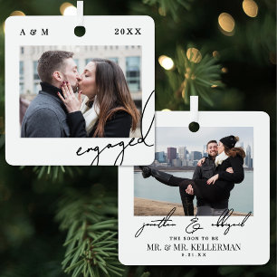 Elegant Script Modern Engagement Photo Metal Ornament