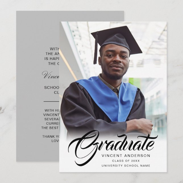 Elegant Script | Modern Grad Photo Announcement (Front/Back)