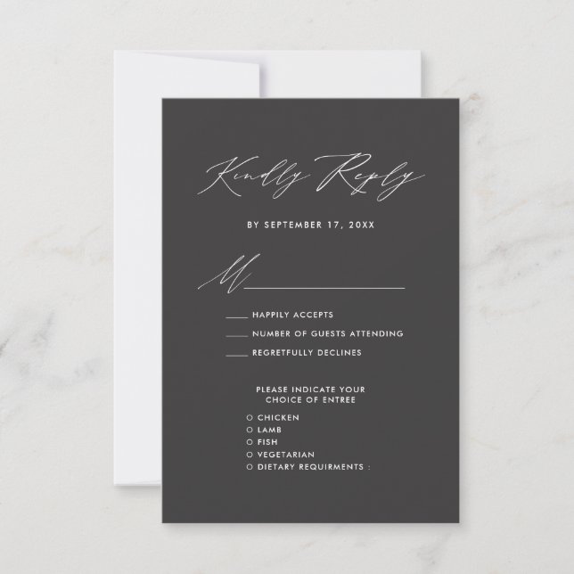 Elegant Script Modern Grey Minimalist Wedding RSVP (Front)