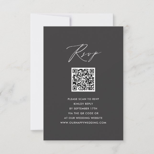 Elegant Script Modern Grey Simple QR Wedding RSVP (Front)