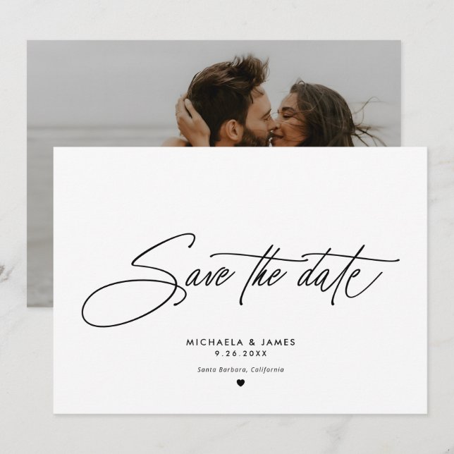 Elegant Script Modern Minimalist Photo Wedding Save The Date (Front/Back)