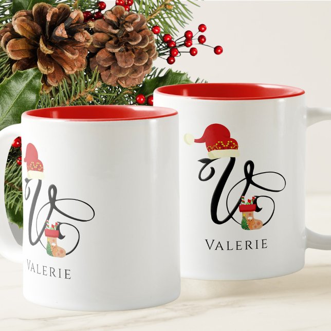 Elegant Script Modern Monogram Initial V Christmas Two-Tone Coffee Mug (Creator Uploaded)