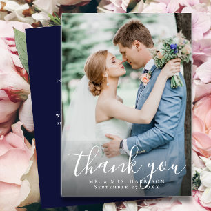 Elegant Script Modern Navy Blue Wedding Photo Thank You Card