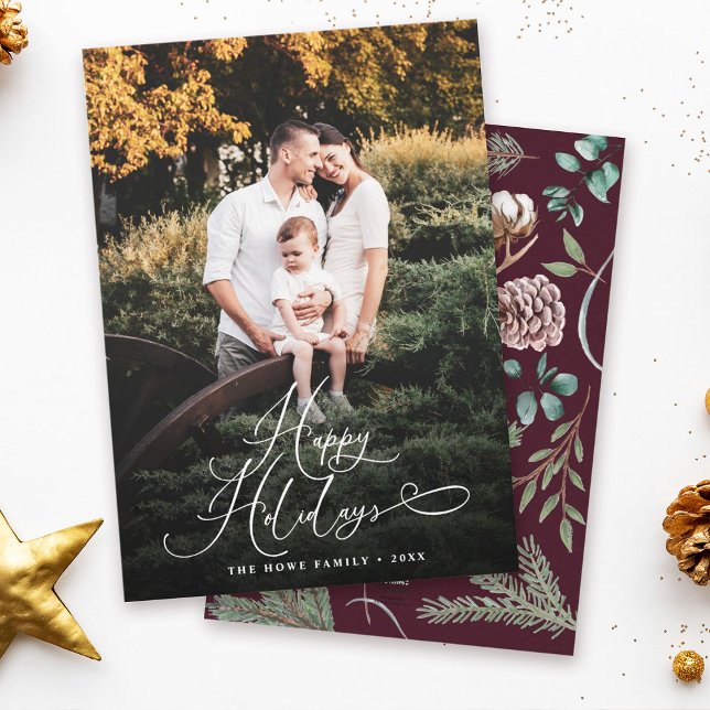 Elegant Script Modern Photo Eucalyptus Traditional Holiday Card (Creator Uploaded)