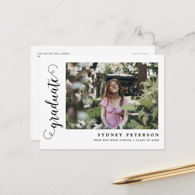 Elegant Script Modern Photo Graduation Invitation Postcard (Front/Back In Situ)