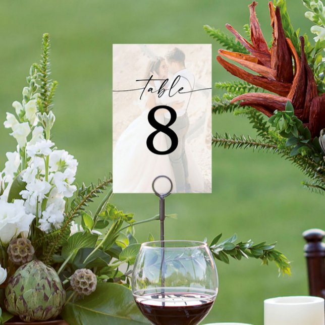 Elegant Script Modern Photo Wedding  Table Number (Creator Uploaded)