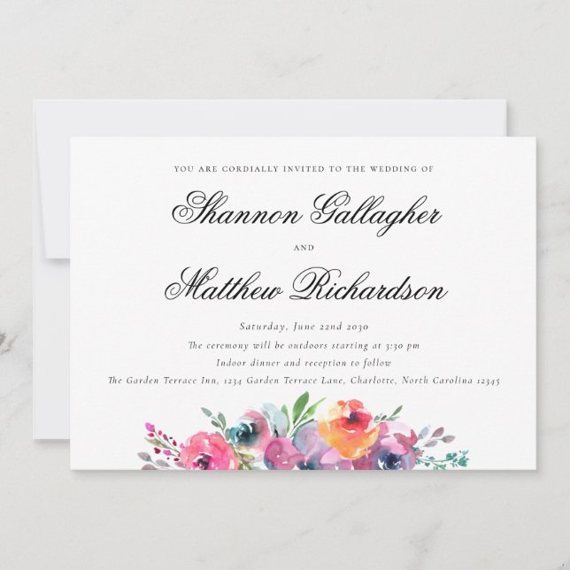 Elegant Script Modern Watercolor Floral Wedding Invitation (Front)