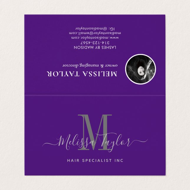 Élégant script moderne violet plié Carte de visite (Extérieur déplié)