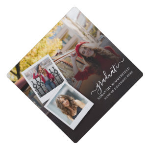Elegant Script Mono 3 Photo Grad 2025 Graduation Cap Topper