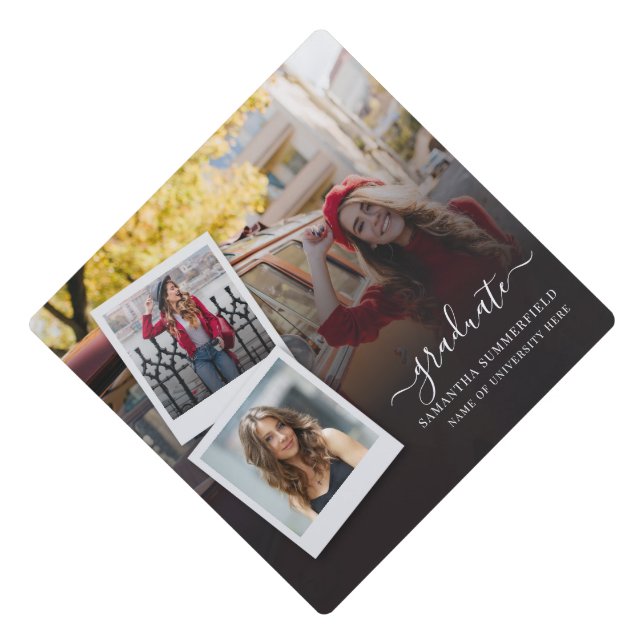 Elegant Script Mono 3 Photo Grad 2025 Graduation Cap Topper (Front)