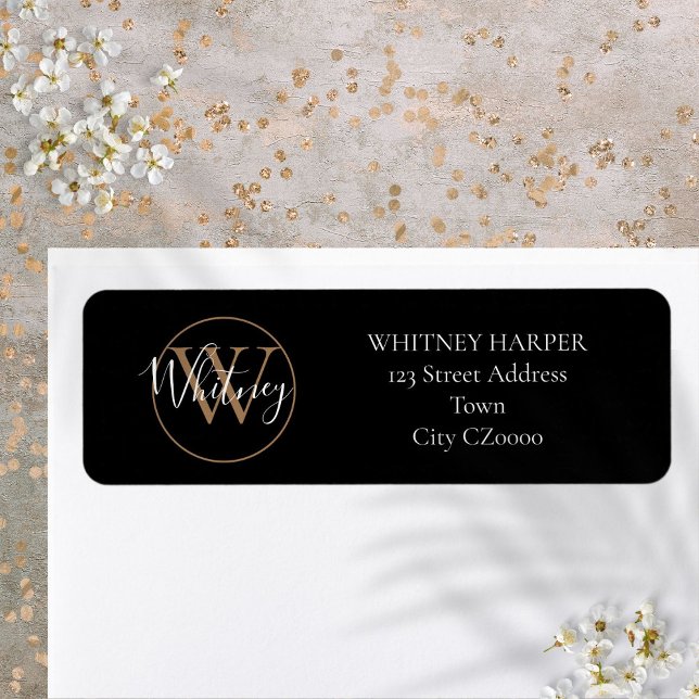 Elegant Script Monogram Black and Gold Address (Creator Uploaded)