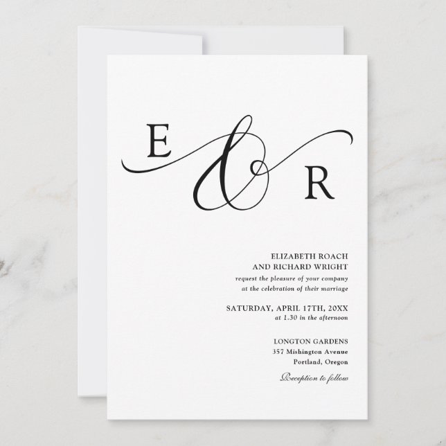 Elegant Script Monogram Black And White Wedding Invitation (Front)