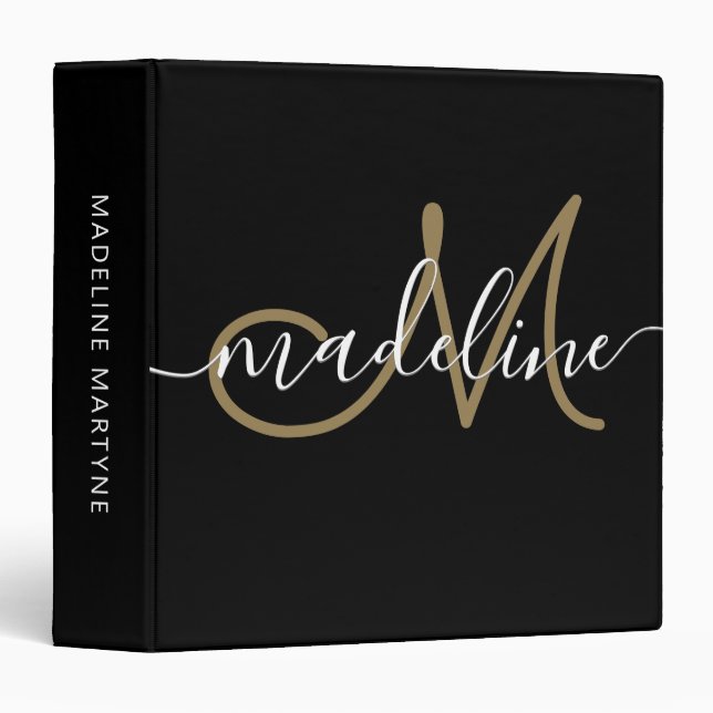 Elegant Script Monogram Black Gold Binder (Front/Spine)