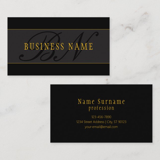 Elegant Script Monogram Black & Gold Business Card (Front/Back)
