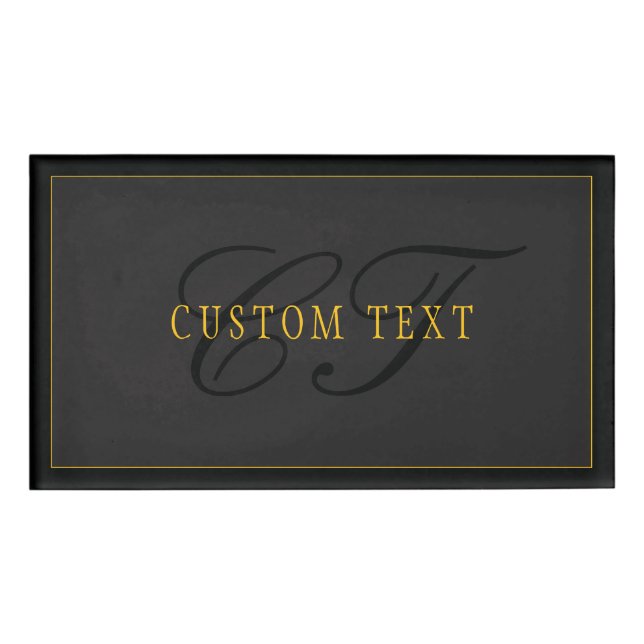 Elegant Script Monogram Black & Gold Name Tag (Front)