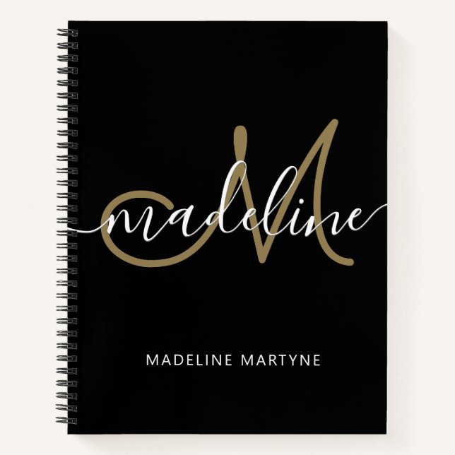 Elegant Script Monogram Black Gold Notebook (Front)