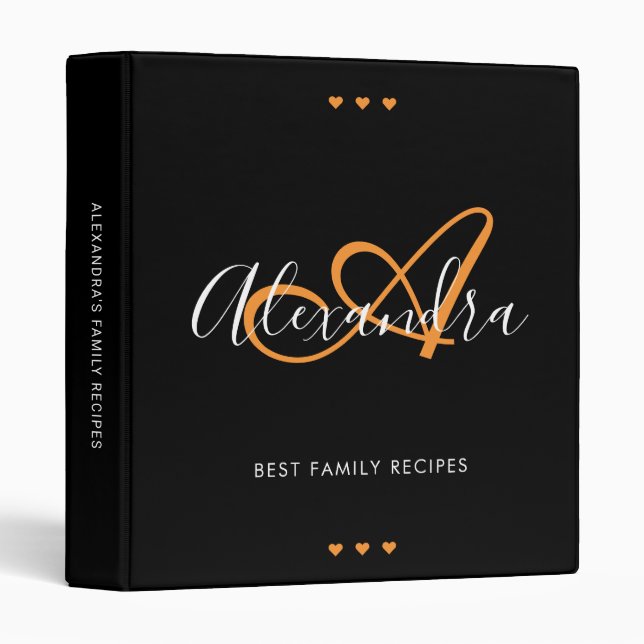 Elegant Script Monogram  Black Orange Name Recipe Binder (Front/Spine)