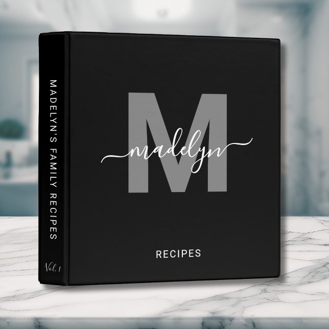 Elegant Script Monogram Black White Recipe Binder (Elegant Script Monogram Black White Recipe 3 ring binder)