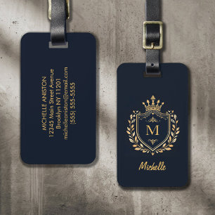 Elegant script Monogram Custom Luxury Black Gold Luggage Tag