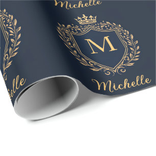 Elegant script Monogram Custom Luxury Black Gold Wrapping Paper