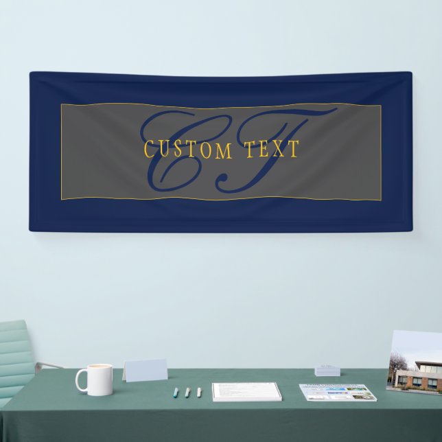 Elegant Script Monogram Dark Navy Blue Grey & Gold Banner (Tradeshow)
