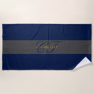 Elegant Script Monogram Dark Navy Blue Grey & Gold Beach Towel
