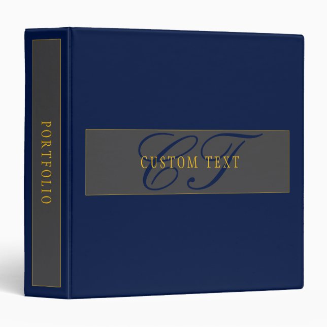 Elegant Script Monogram Dark Navy Blue Grey & Gold Binder (Front/Spine)