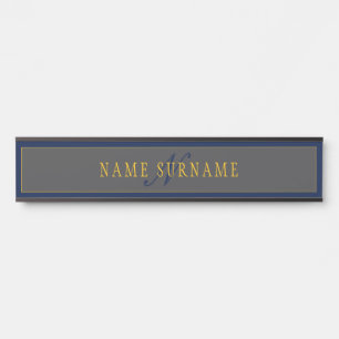 Elegant Script Monogram Dark Navy Blue Grey & Gold Door Sign