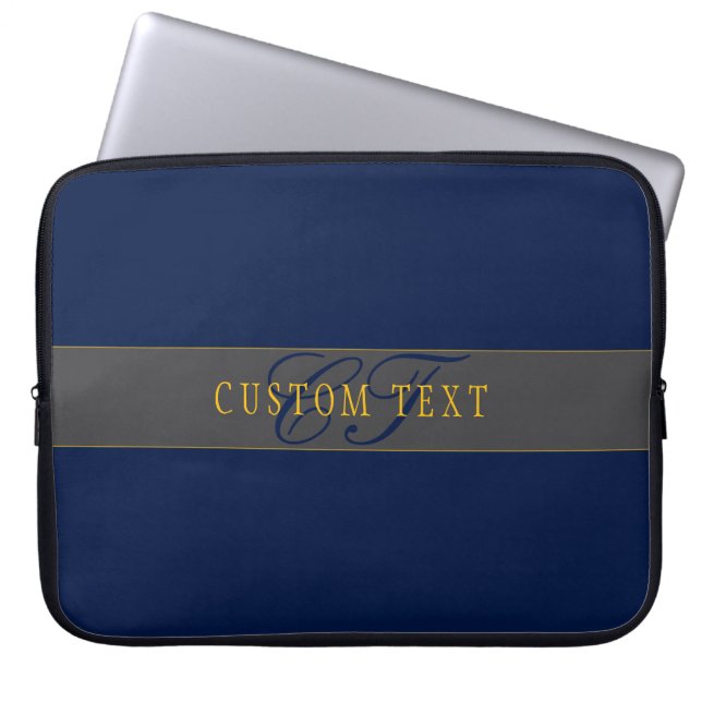 Elegant Script Monogram Dark Navy Blue Grey & Gold Laptop Sleeve (Front)