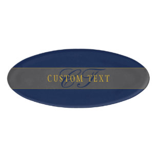 Elegant Script Monogram Dark Navy Blue Grey & Gold Name Tag