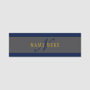 Elegant Script Monogram Dark Navy Blue Grey & Gold Name Tag