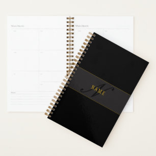 Elegant Script Monogram Dark Navy Blue Grey & Gold Planner