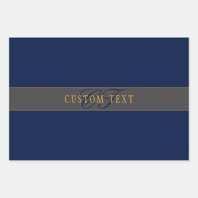 Elegant Script Monogram Dark Navy Blue Grey & Gold Wrapping Paper Sheet (Front)