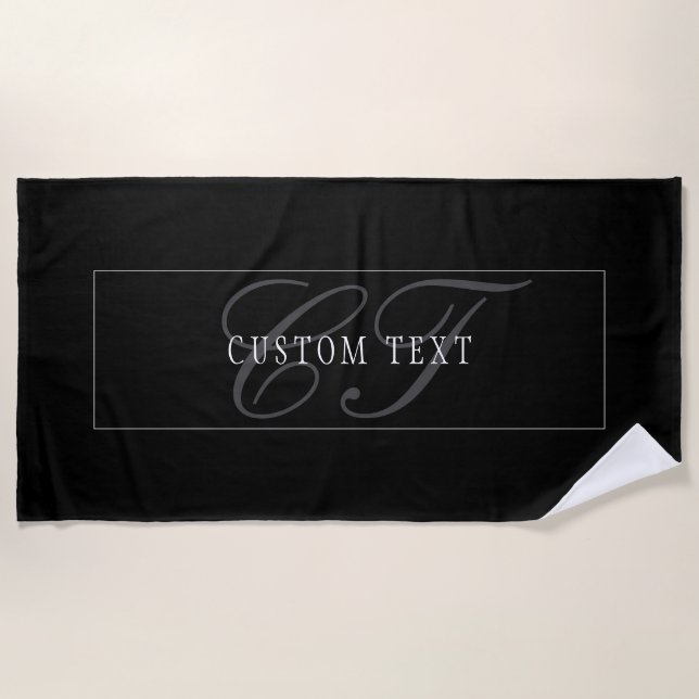 Elegant Script Monogram Editable Black Grey White Beach Towel (Front)